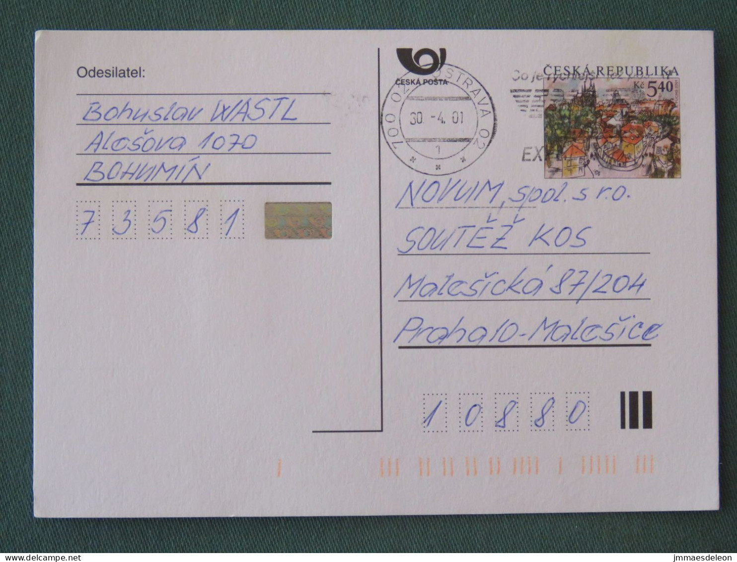 Czech Republic 2001 Stationery Postcard 5.40 Kcs Prague Sent Locally From Ostrava, EMS Slogan - Brieven En Documenten