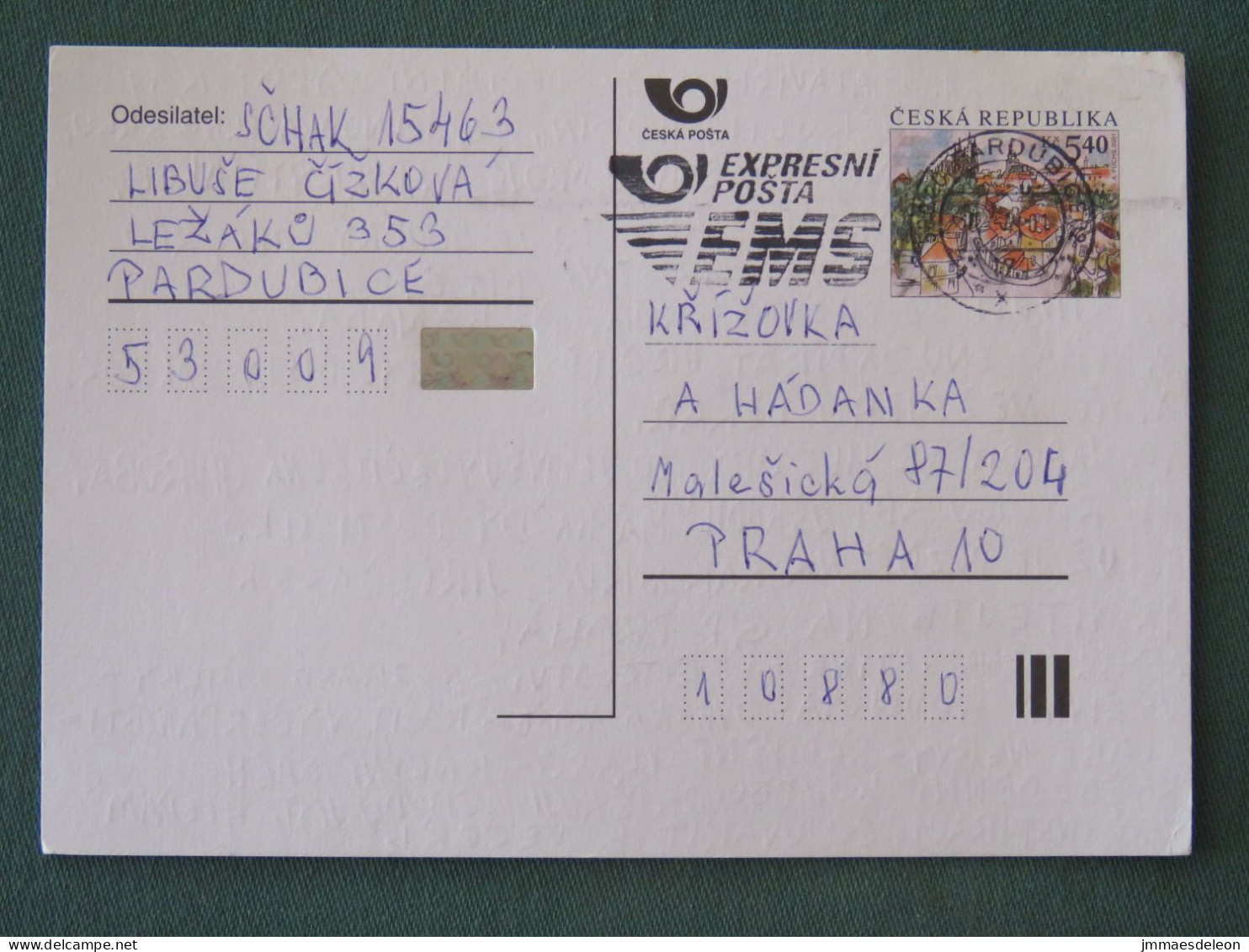 Czech Republic 2001 Stationery Postcard 5.40 Kcs Prague Sent Locally From Pardubice, EMS Slogan - Briefe U. Dokumente