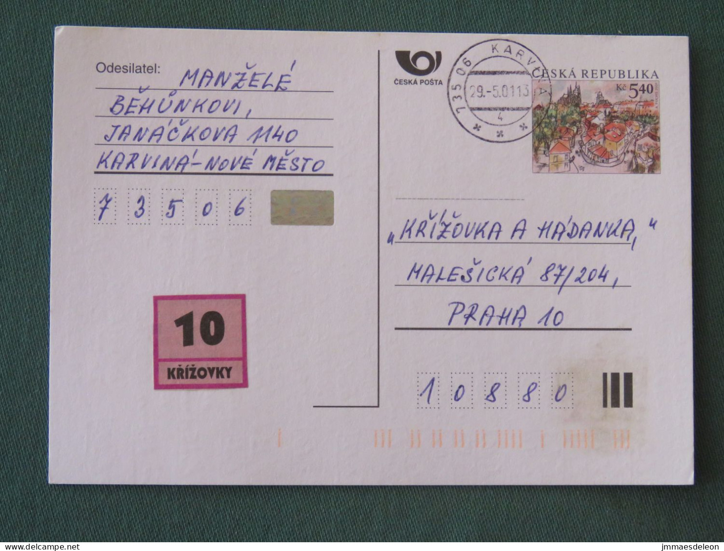 Czech Republic 2001 Stationery Postcard 5.40 Kcs Prague Sent Locally - Brieven En Documenten