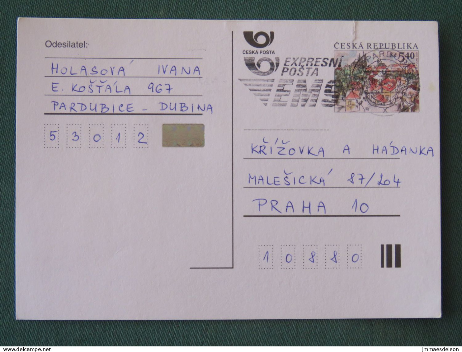 Czech Republic 2001 Stationery Postcard 5.40 Kcs Prague Sent Locally From Pardubice, EMS Slogan - Briefe U. Dokumente