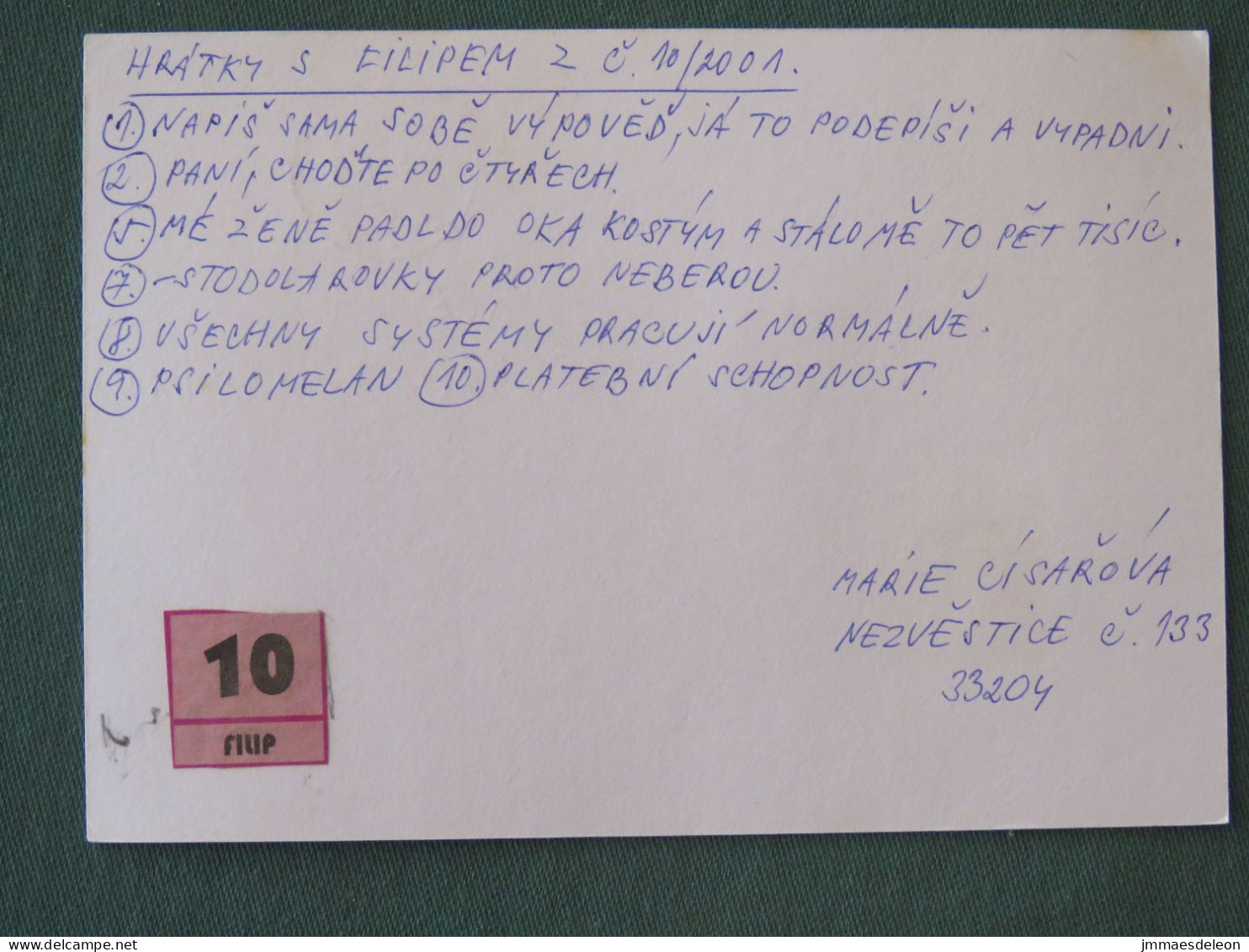 Czech Republic 2001 Stationery Postcard 5.40 Kcs Prague Sent Locally - Brieven En Documenten