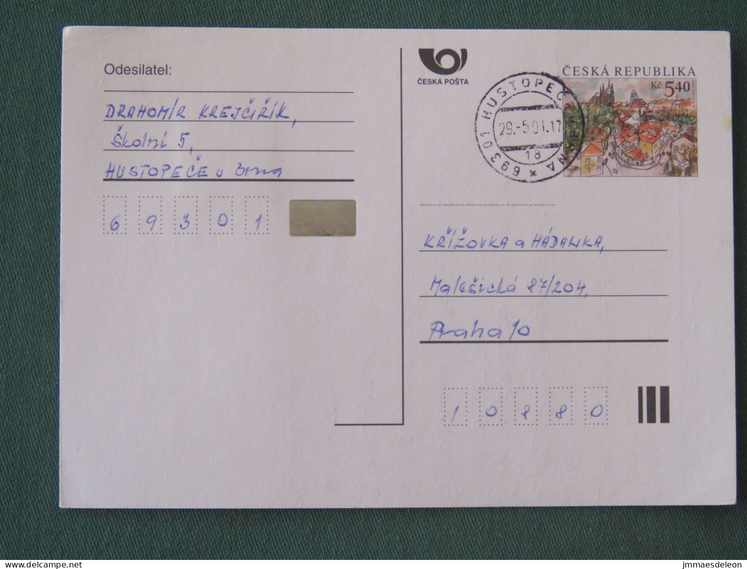 Czech Republic 2001 Stationery Postcard 5.40 Kcs Prague Sent Locally - Lettres & Documents