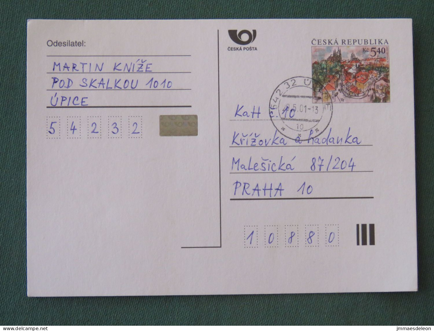 Czech Republic 2001 Stationery Postcard 5.40 Kcs Prague Sent Locally - Briefe U. Dokumente