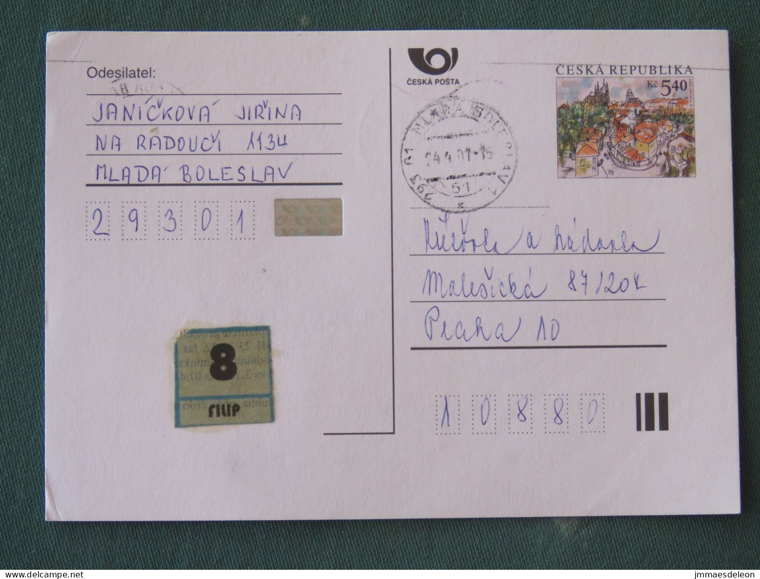 Czech Republic 2001 Stationery Postcard 5.40 Kcs Prague Sent Locally - Cartas & Documentos