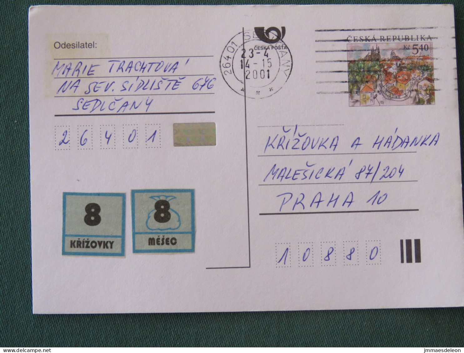 Czech Republic 2001 Stationery Postcard 5.40 Kcs Prague Sent Locally - Covers & Documents