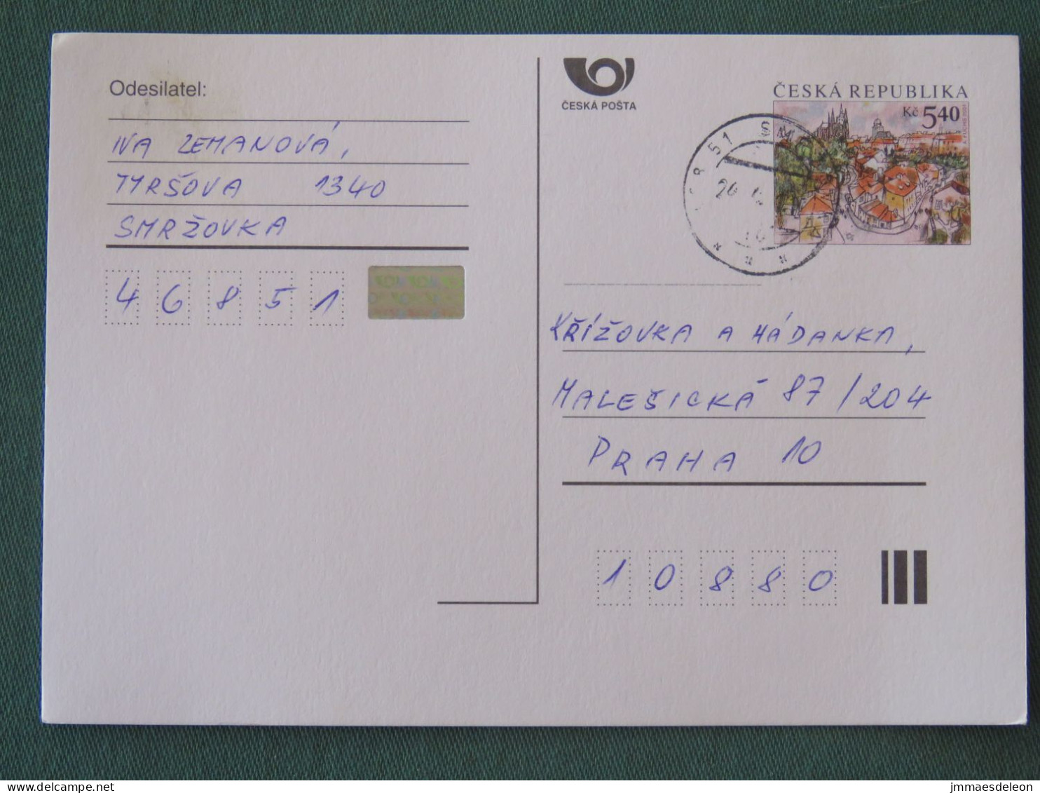 Czech Republic 2001 Stationery Postcard 5.40 Kcs Prague Sent Locally - Covers & Documents