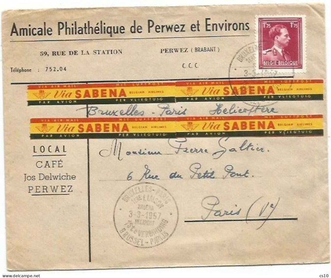 SABENA Airlines Labels Cv 3mar1957 By HELIPOST With FB1.75 Bruxelles X Paris - Andere (Lucht)