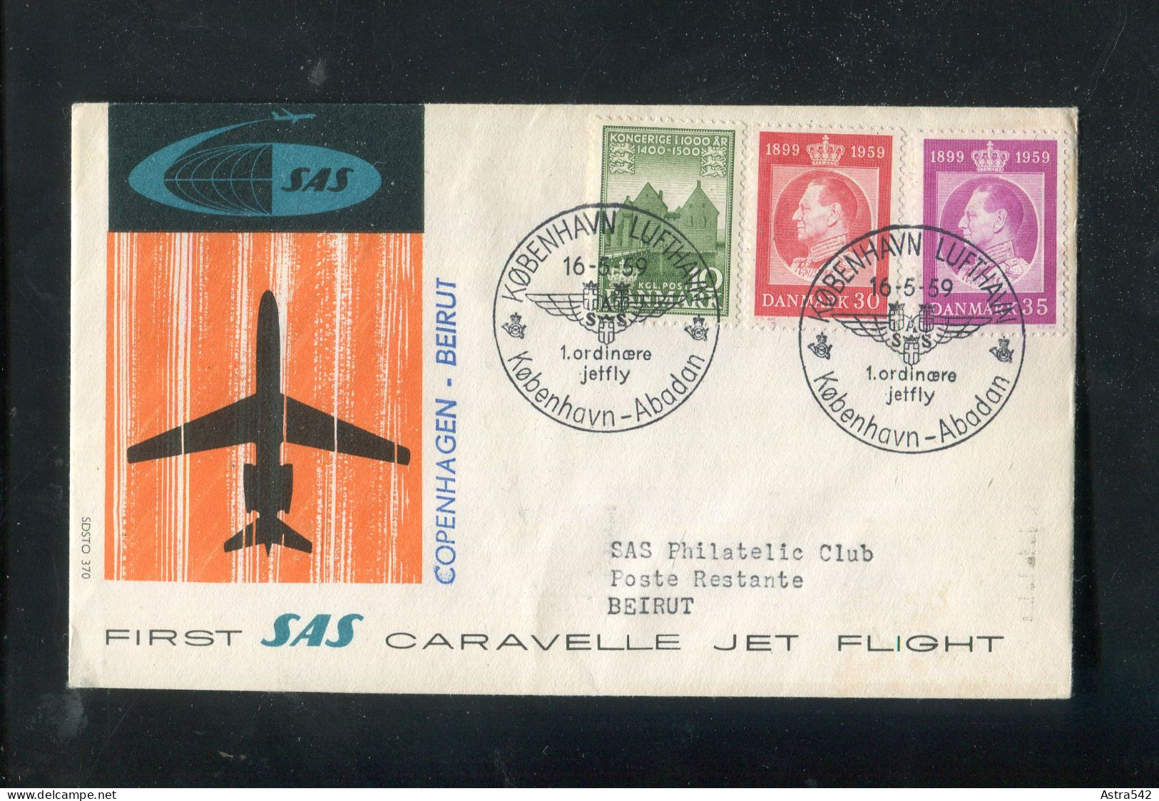 "DAENEMARK" 1959, SAS-Caravelle-Erstflugbrief "Copenhagen-Beirut" (50161) - Poste Aérienne