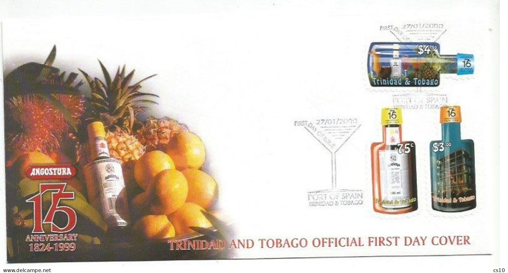 Trinidad Tobago FDC 27jan2000 Angostura Drink Cpl 3v Set Bottle Shape - Trinidad & Tobago (1962-...)