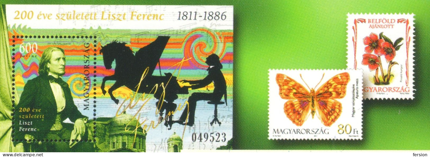 Hungarian Post edition  2001 stamps Hungary POSTCARD crown Europa CEPT EU apple fruit butterfly Liszt Ferenc Vajdahunyad