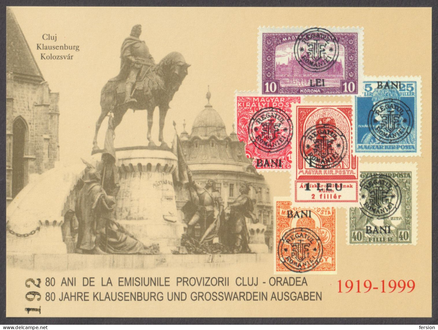 Kolozsvár Cluj Matthias Corvinus KING Occupation Overprint 1919 Romania Hungary Transylvania Philatelist Memorial 1999 - Transylvania