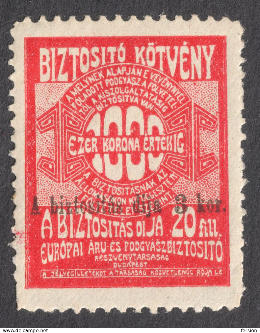 Railway Train Baggage Insurance / Travel Holiday EUROPE 1910 HUNGARY Revenue Tax Label Vignette Coupon OVERPRINT 20f 3 K - Fiscale Zegels