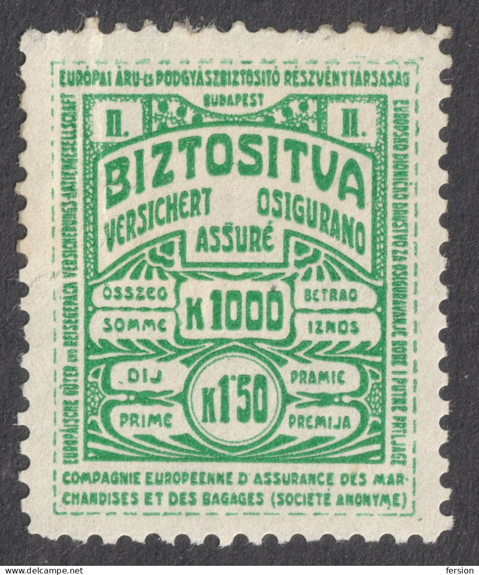 Railway Train Baggage Insurance / Travel EUROPE 1920 HUNGARY Croatia Revenue Tax Label Vignette Coupon 1000 K Inflation - Revenue Stamps