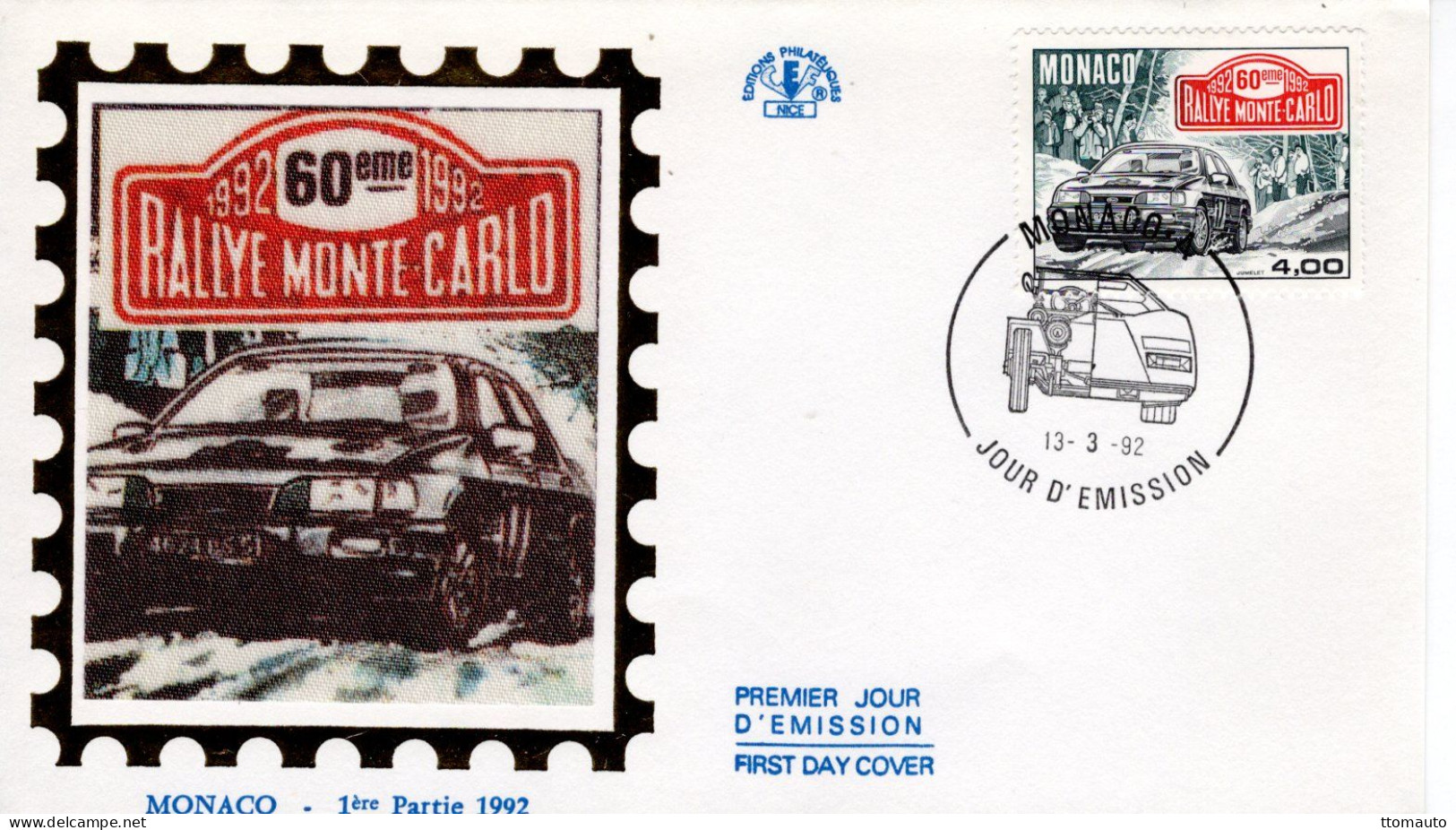 Monaco -  60e Rallye Monte-Carlo 1992 - Ford Sierra Cosworth  -  Envelope FDC Prémier Jour - Automovilismo