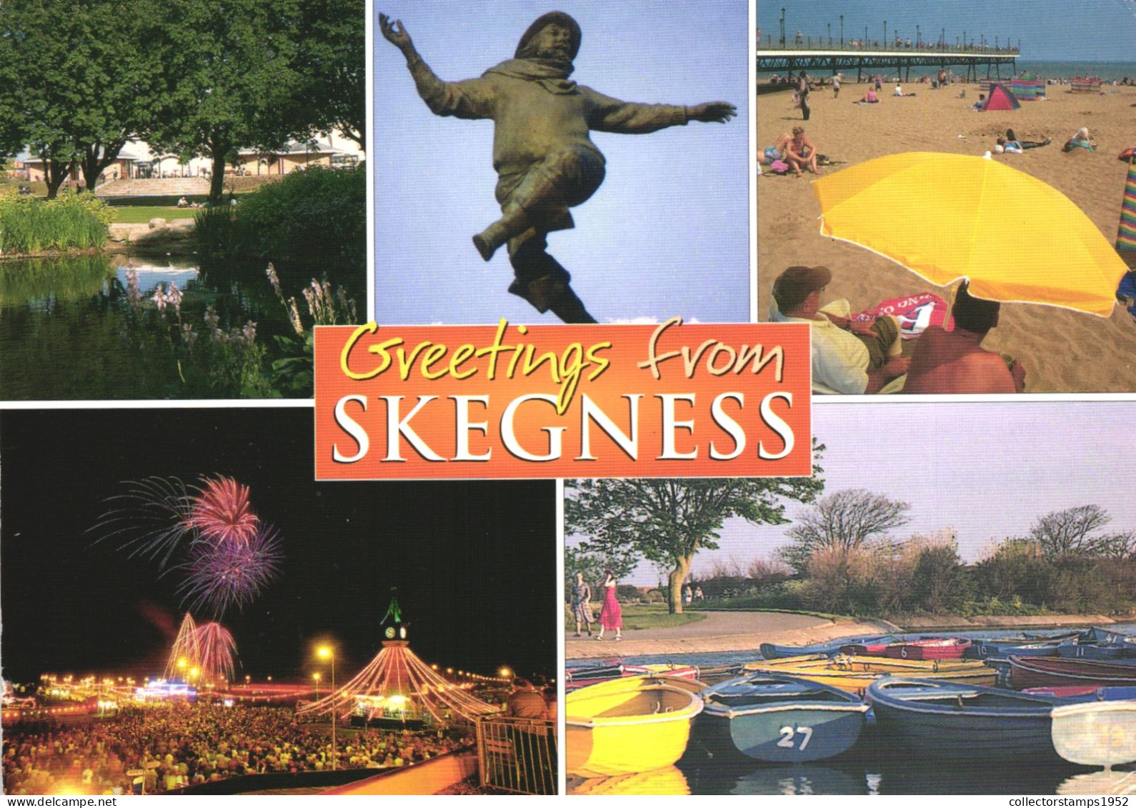 SKEGNESS, LINCOLNSHIRE, MULTIPLE VIEWS, ARCHITECTURE, STATUE, LAKE, BEACH, UMBRELLA, ENGLAND, UNITED KINGDOM, POSTCARD - Autres & Non Classés