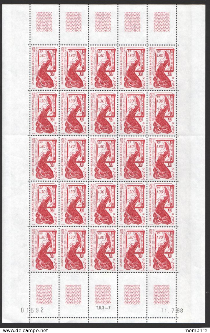 1989  Pêche à La Morue 1,30fr Yv 502  Feuille Complète De 25 ** - Unused Stamps