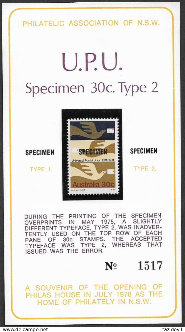 AUSTRALIA - 1974 30c UPU SPECIMEN CARD. MNH ** - Mint Stamps