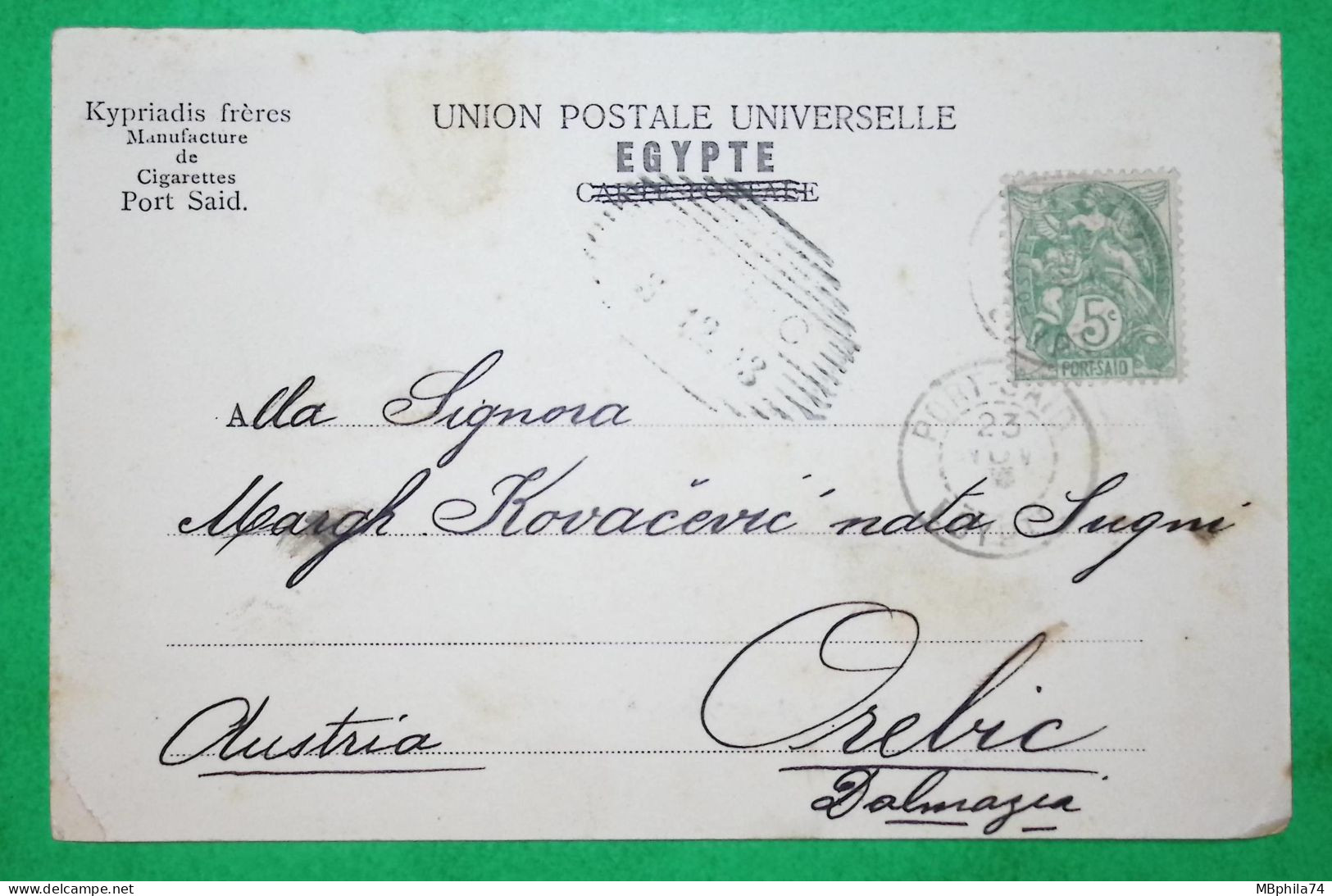 5C BLANC PORT SAÏD EGYPTE CARTE POSTALE PALAIS HOLLANDAIS POUR OREBIC CROATIE CROATIA LETTRE COVER FRANCE - Brieven En Documenten