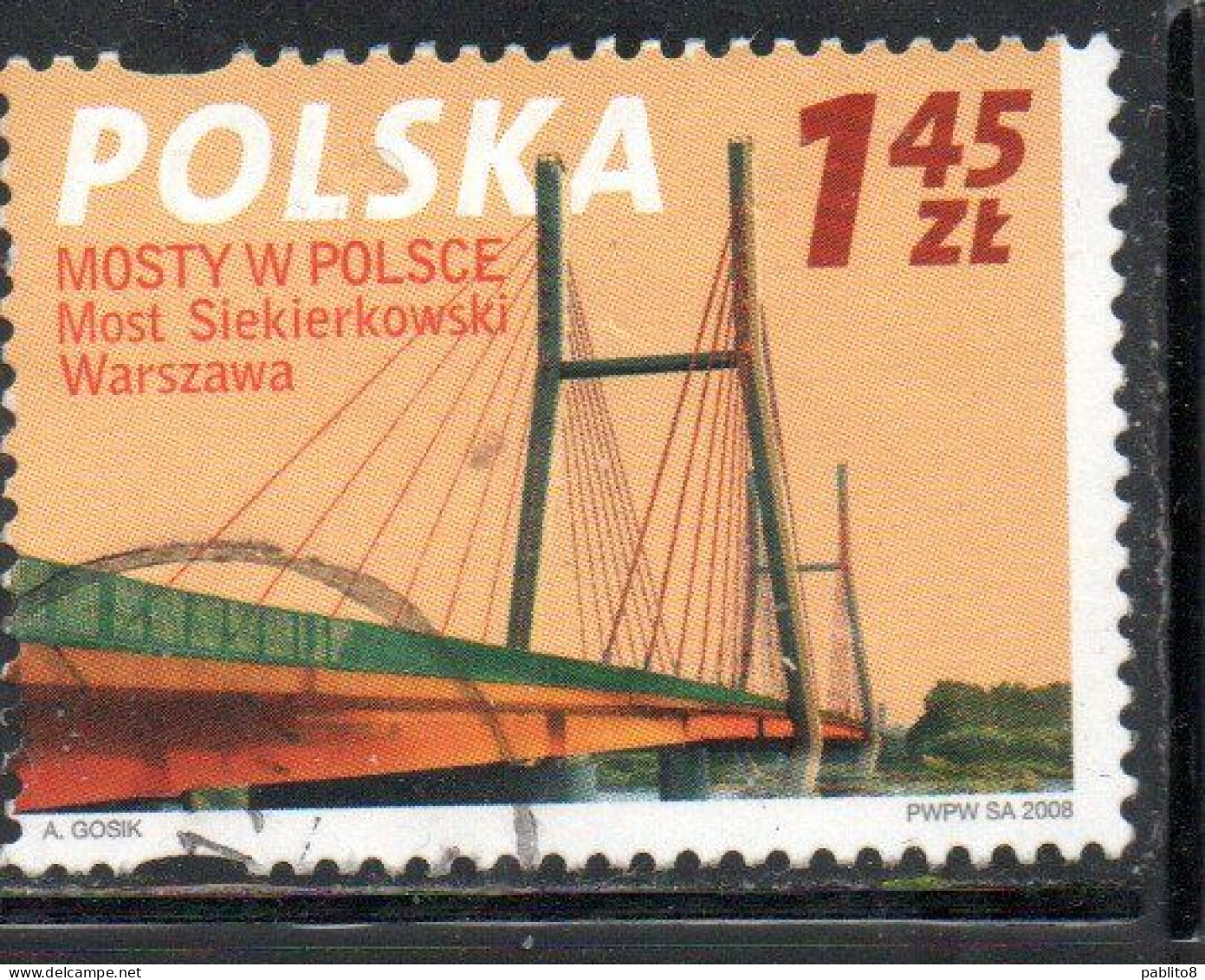 POLONIA POLAND POLSKA 2008 BRIDGES SIEKIERKOWSKI BRIDGE WARSAW 1.45z USED USATO OBLITERE' - Used Stamps
