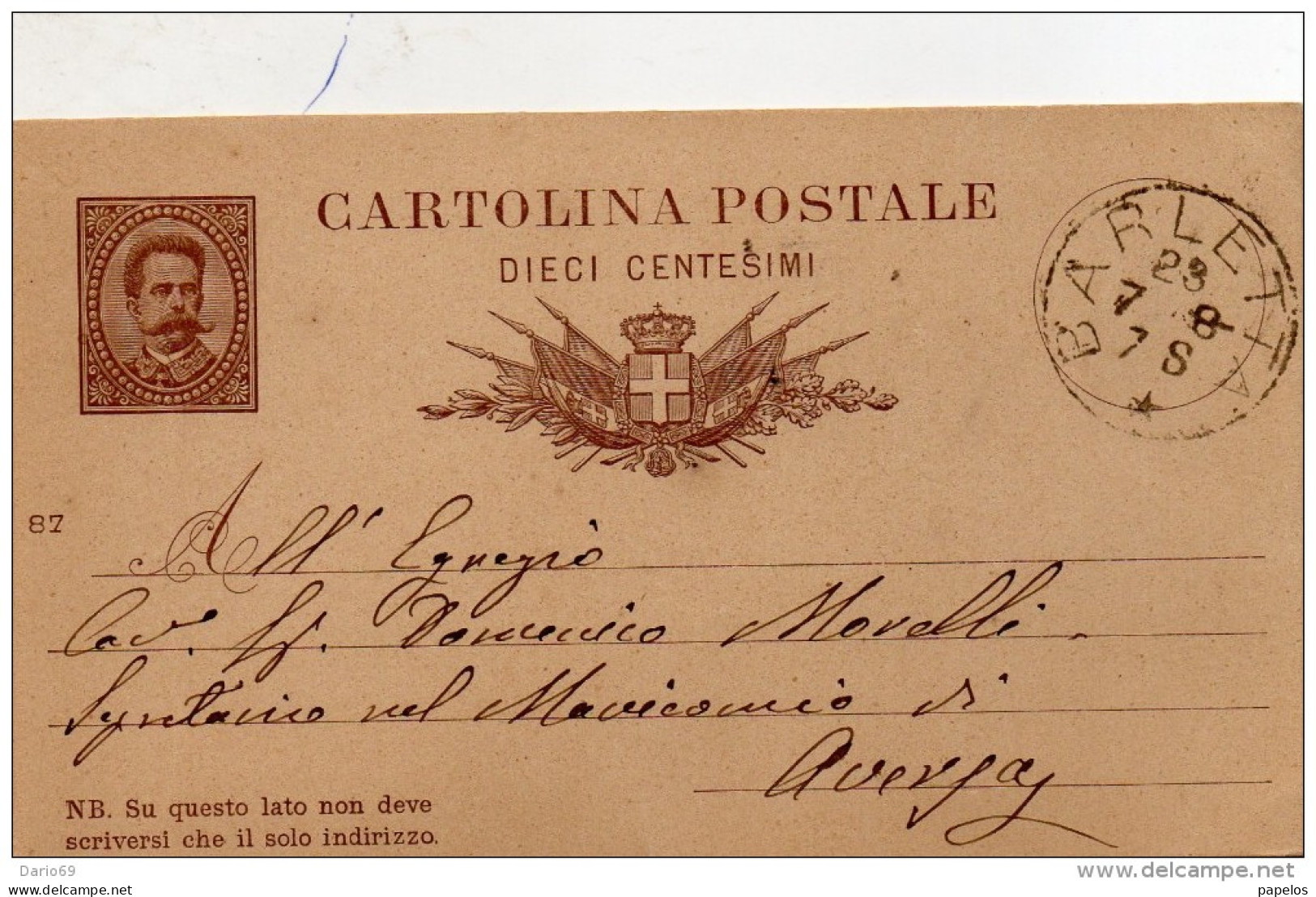 1888  CARTOLINA   CON ANNULLO BARLETTA - Entiers Postaux