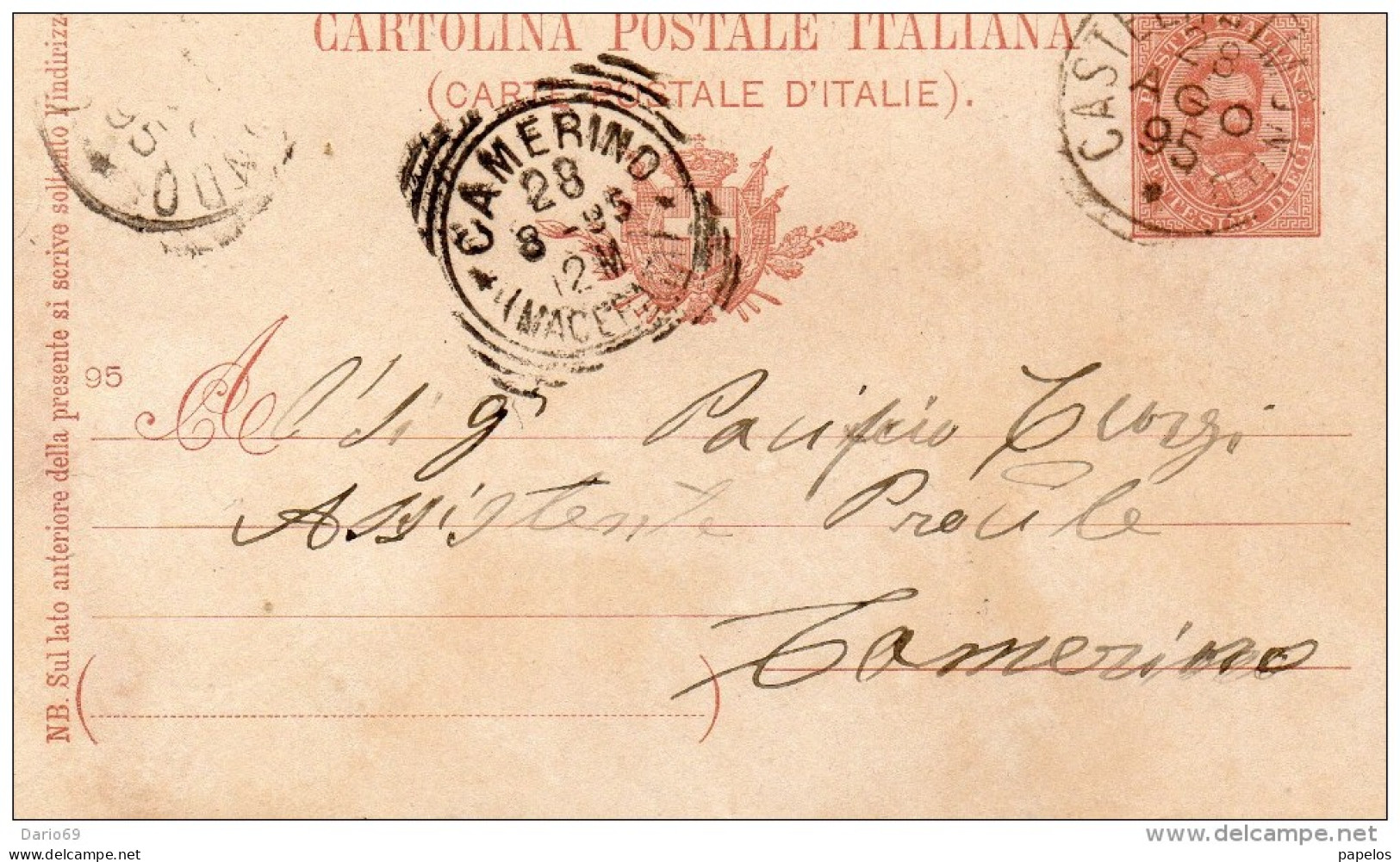 1895 CARTOLINA CON ANNULLO CASTELRAIMONDO MACERATA + CAMERINO - Entiers Postaux