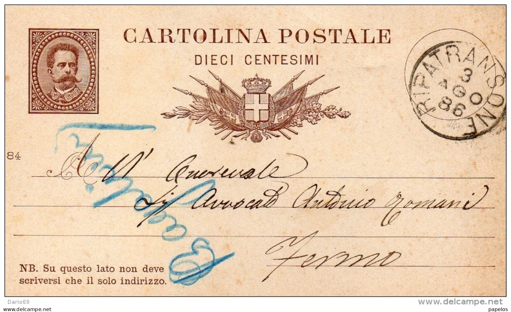 1886 CARTOLINA CON ANNULLO RIPATRANSONE ASCOLI PICENO - Entiers Postaux