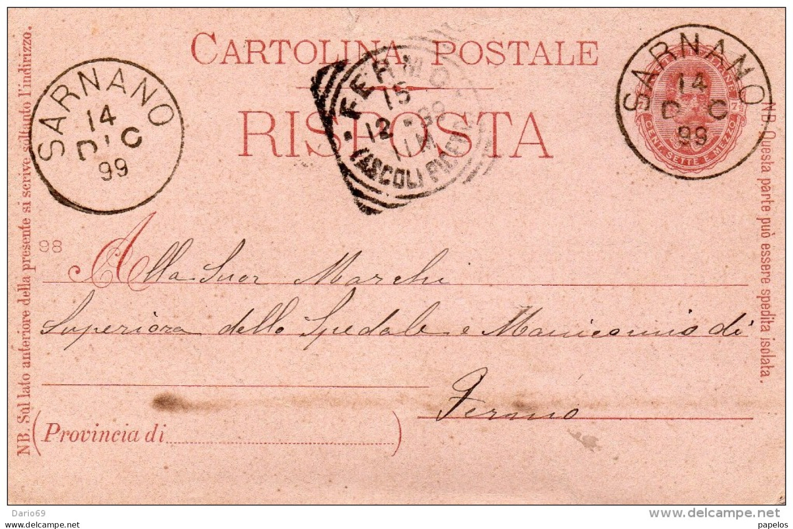 1899 CARTOLINA CON ANNULLO SARNANO MACERATA - Entiers Postaux