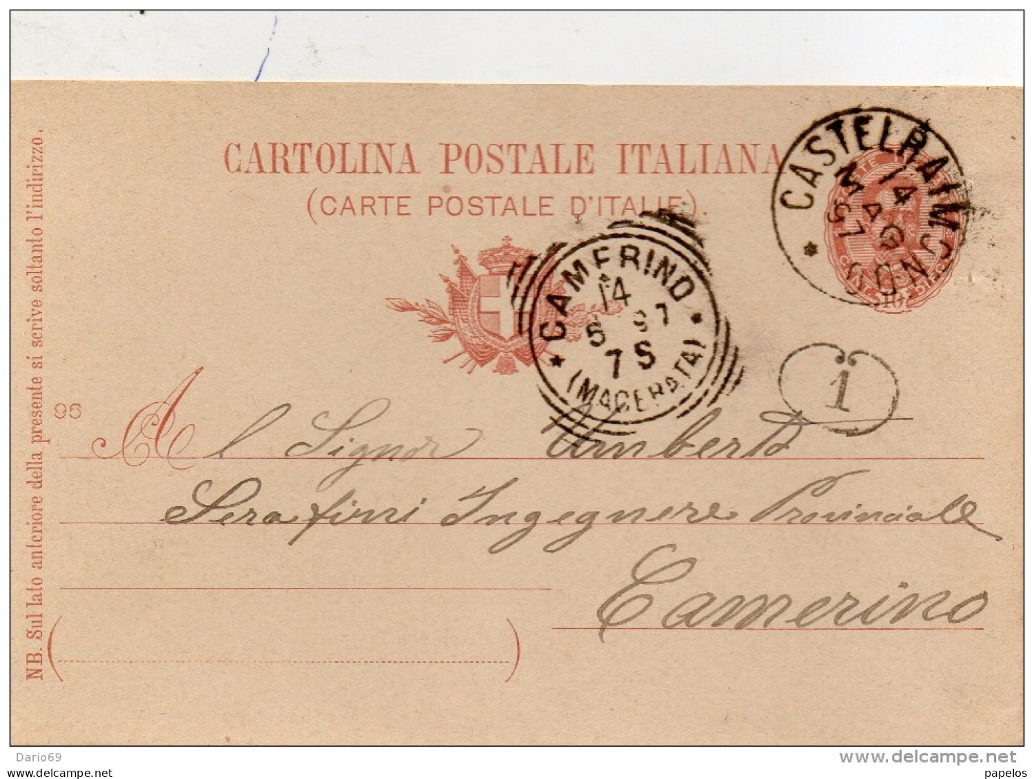 1897 CARTOLINA CON ANNULLO CASTELRAIMONDO MACERATA + CAMERINO - Entiers Postaux