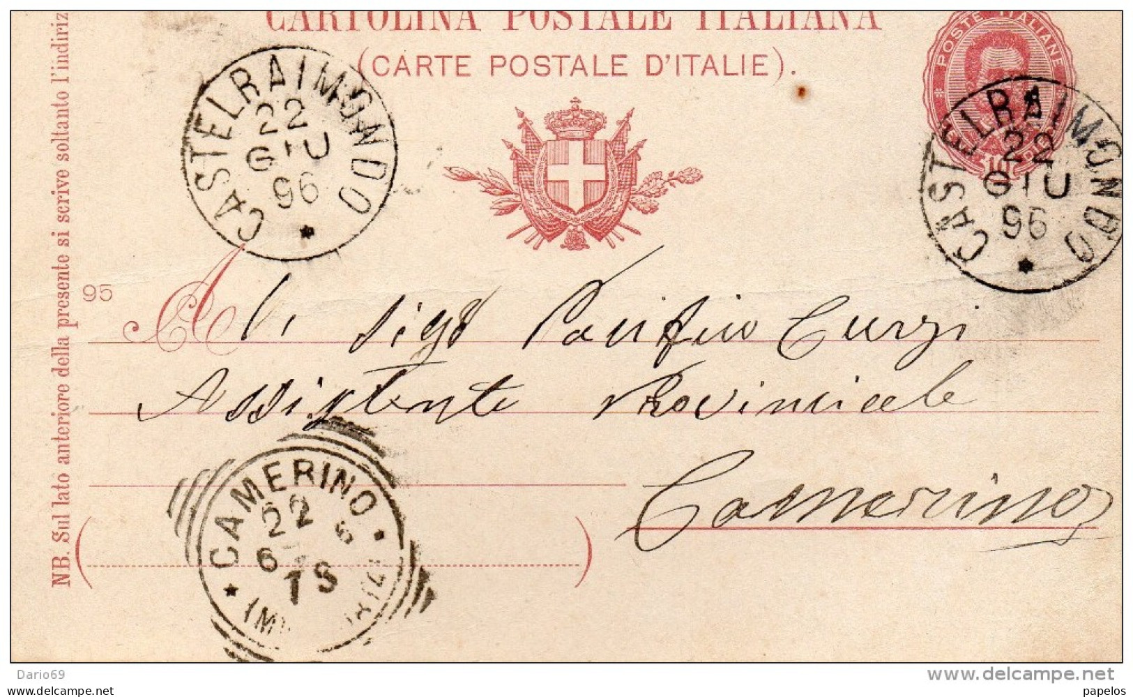 1896 CARTOLINA CON ANNULLO CASTELRAIMONDO MACERATA - Entiers Postaux