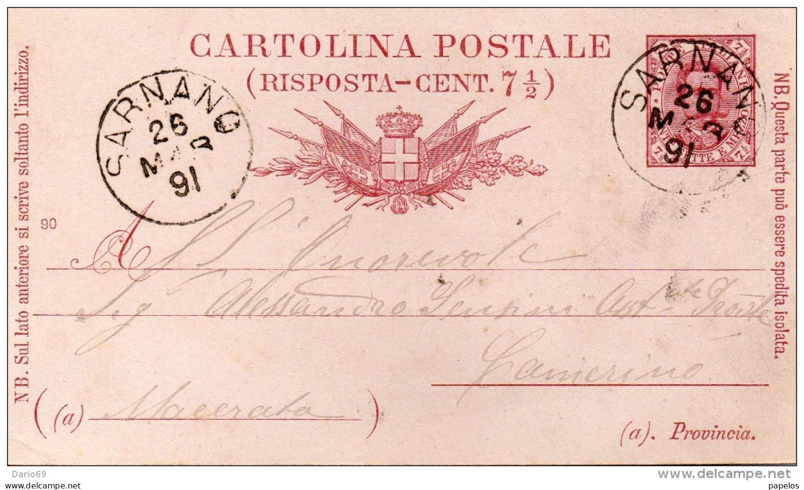 1891   CARTOLINA CON ANNULLO SARNANO MACERATA - Entiers Postaux