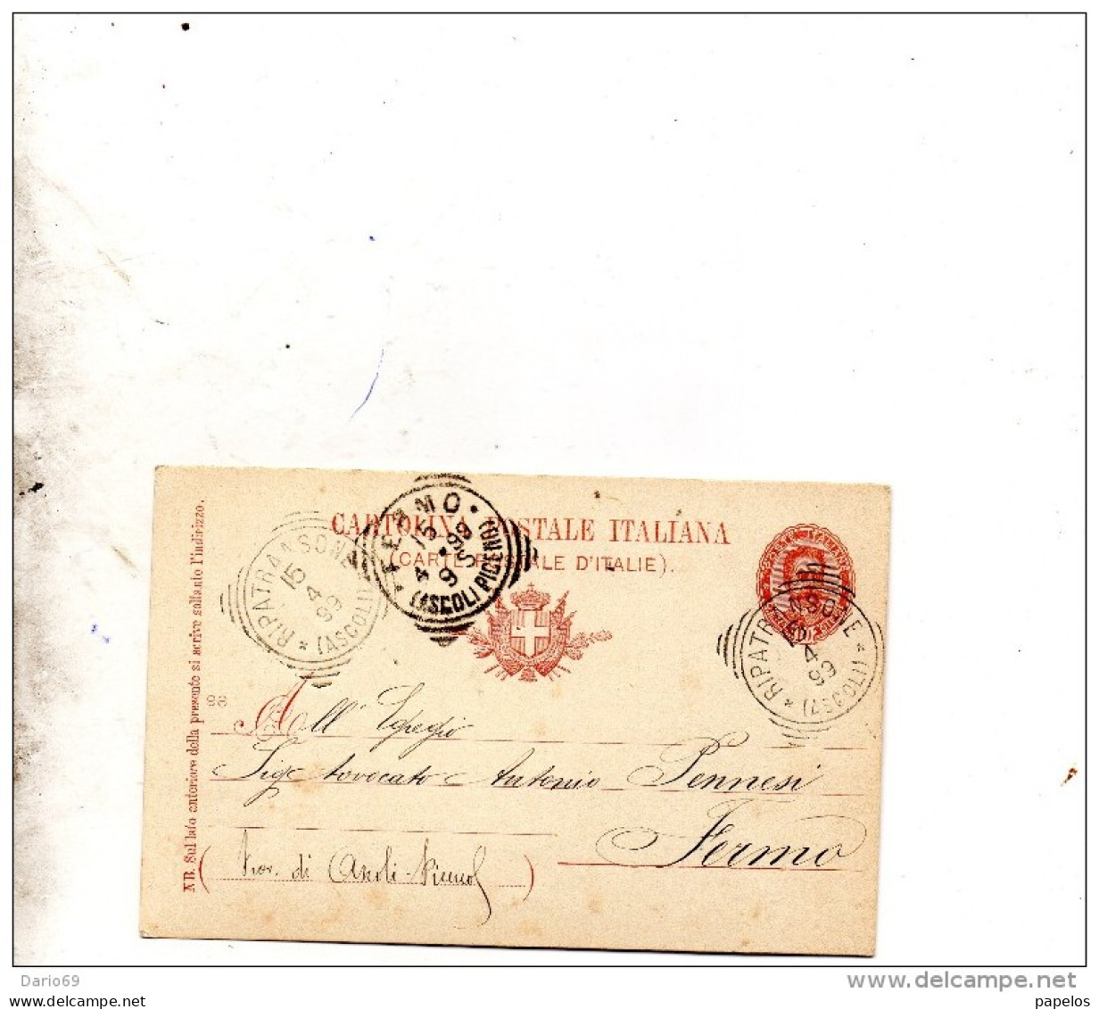 1899    CARTOLINA CON ANNULLO RIPATRANSONE ASCOLI PICENO - Entiers Postaux