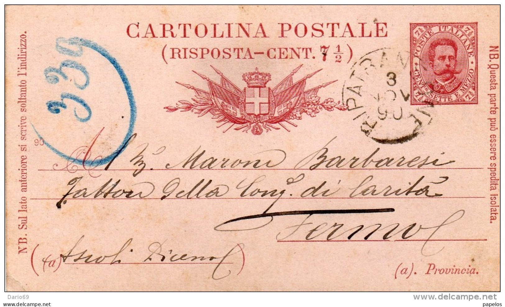 1890    CARTOLINA CON ANNULLO RIPATRANSONE ASCOLI PICENO - Entiers Postaux