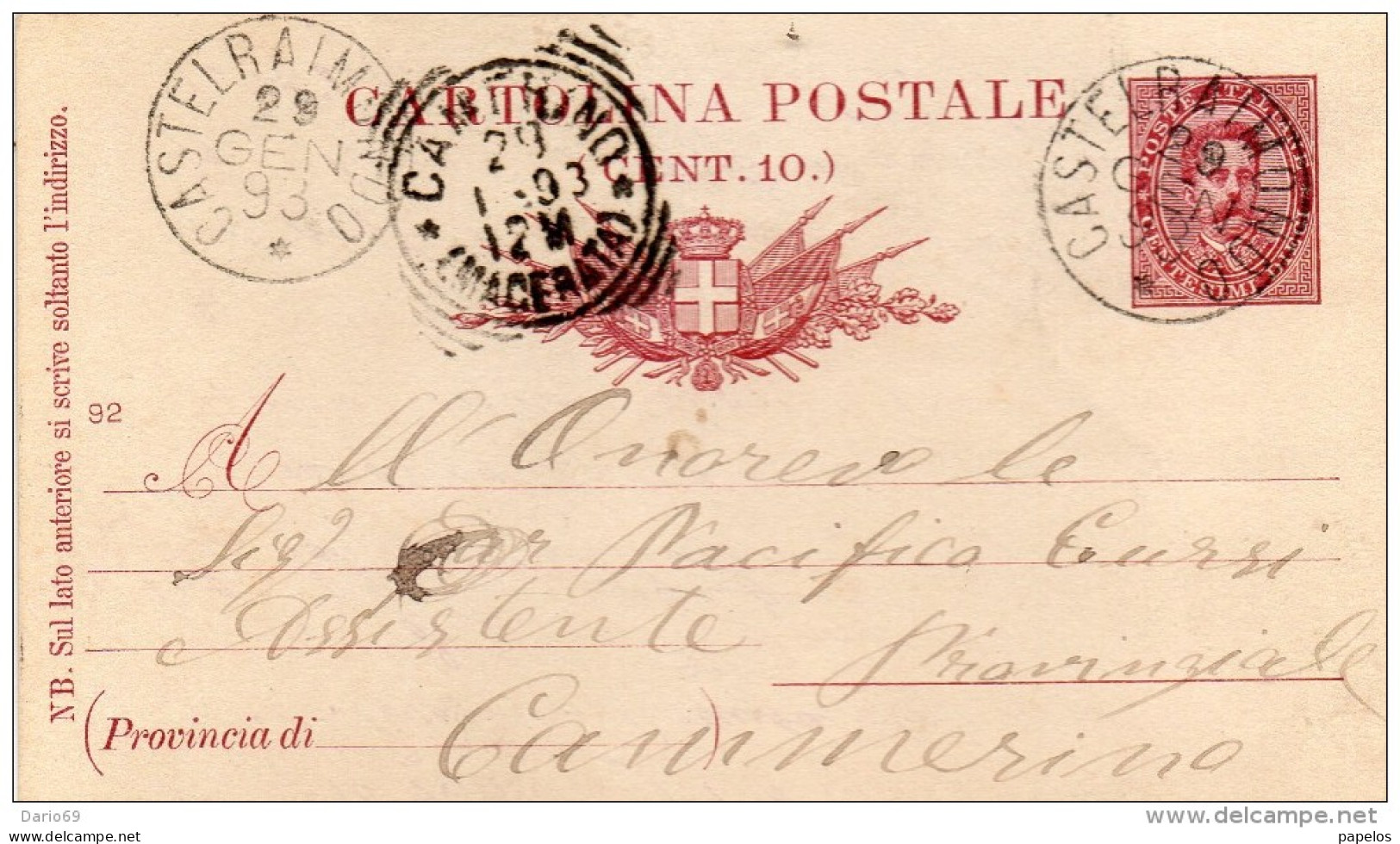 1893    CARTOLINA CON ANNULLO  CASTELRAIMONDO   MACERATA - Entiers Postaux