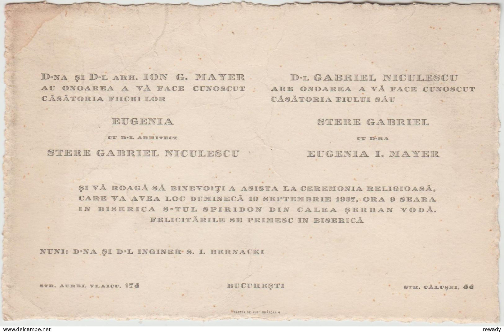 Romania - Bucuresti - Invitatie Nunta - Faire-part Mariage (1937) - Boda
