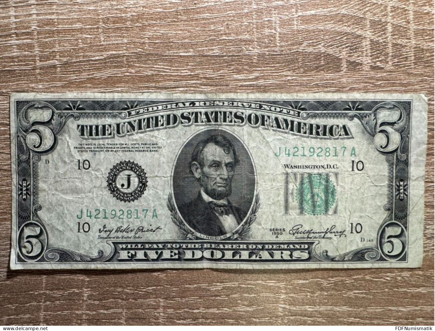 USA. 5 Dollars Federal Reserve Note，VF Condition，1950A - Bilglietti Della Riserva Federale (1928-...)