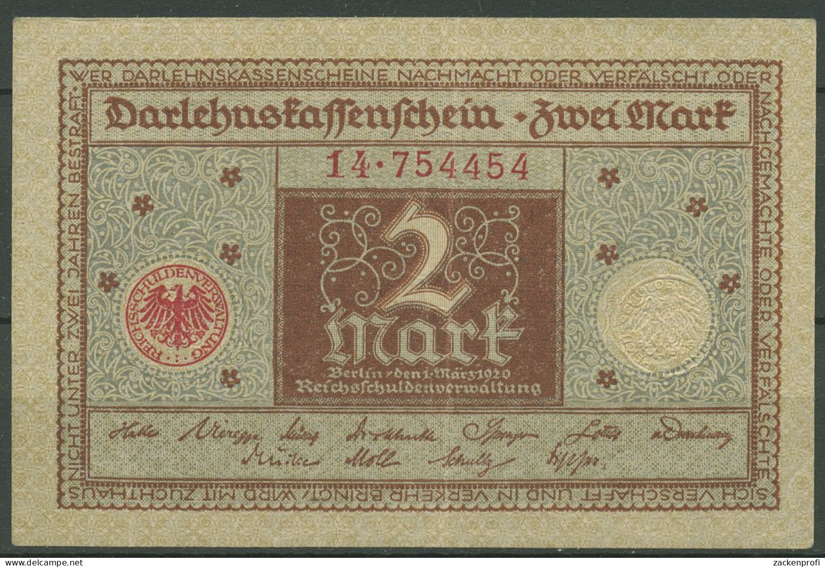 Dt. Reich 2 Mark 1920, DEU-190 Fast Kassenfrisch (K1081) - Reichsschuldenverwaltung