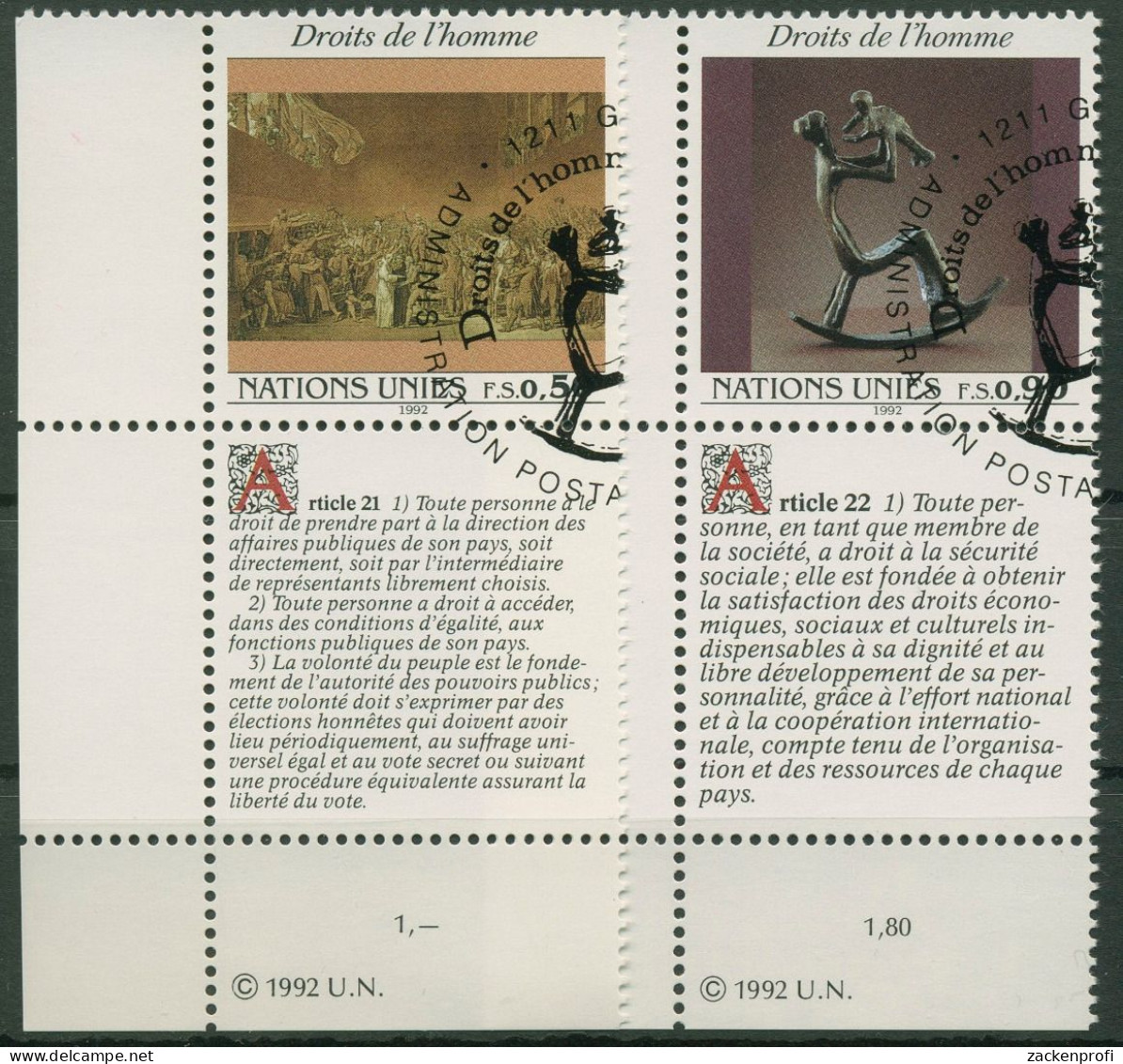 UNO Genf 1992 Erklärung Der Menschenrechte Gemälde Skulptur 223/24 Zf Gestempelt - Used Stamps