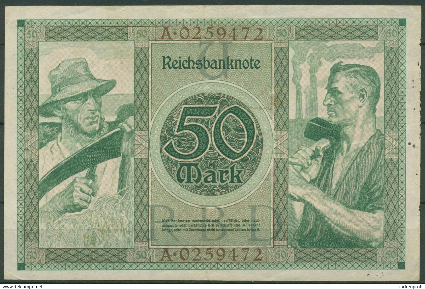 Dt. Reich 50 Mark 1920, DEU-74 Serie U/A, Leicht Gebraucht (K1463) - 50 Mark