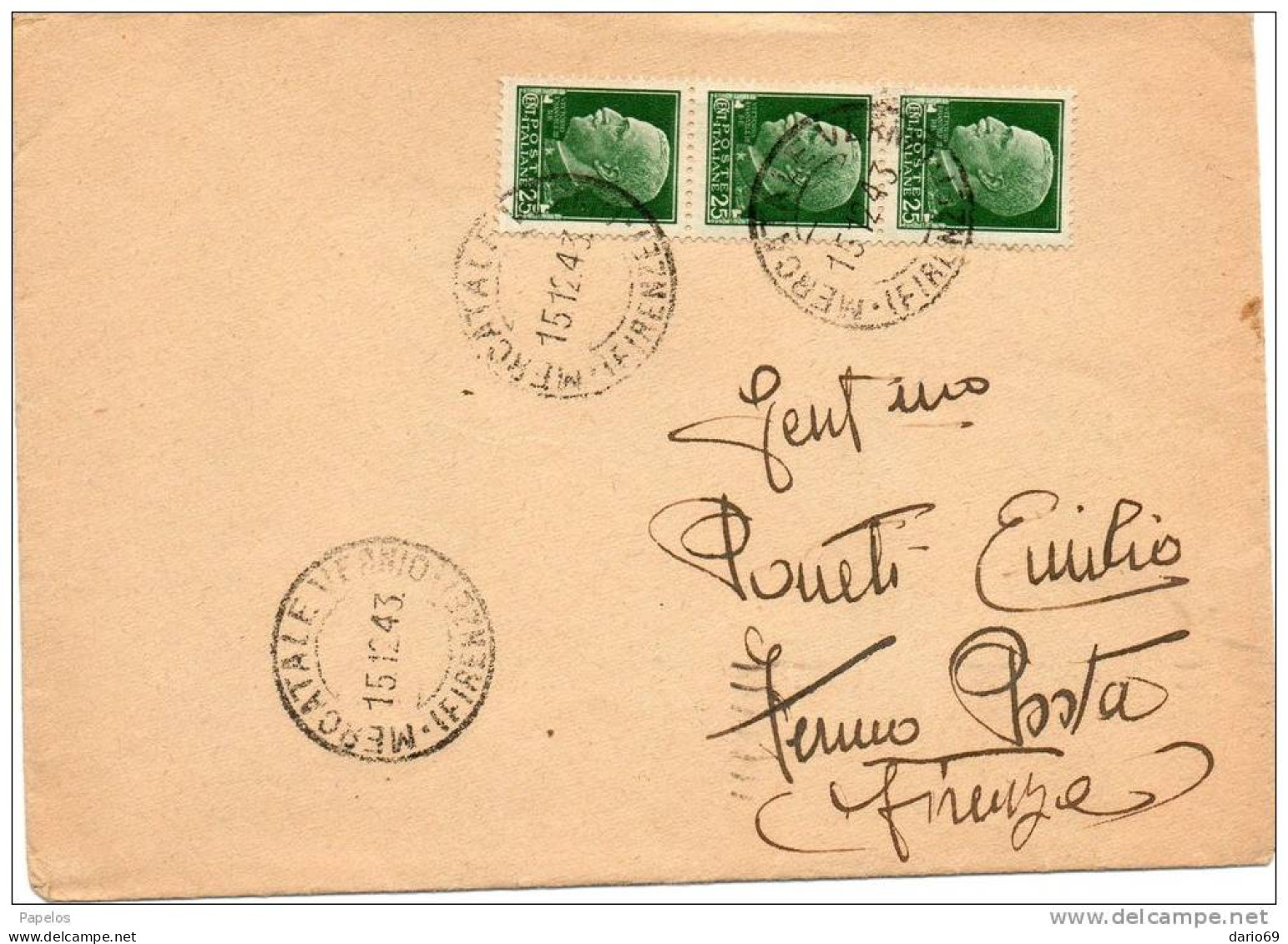 STORIA POSTALE 1943 LETTERA CON ANNULLO MERCATALE VERNIO FIRENZE - Marcophilie