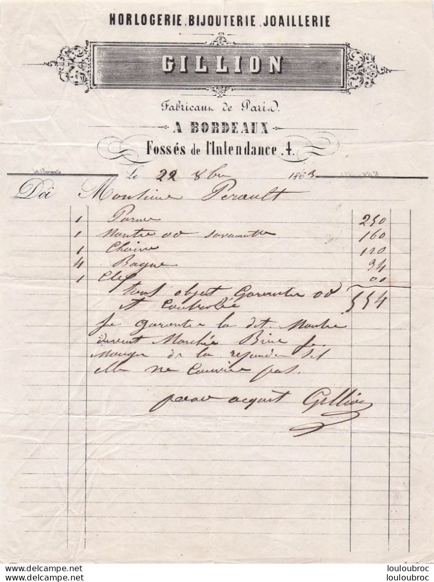 FACTURE 1863 BORDEAUX  GILLION HORLOGERIE BIJOUTERIE JOAILLERIE - 1800 – 1899