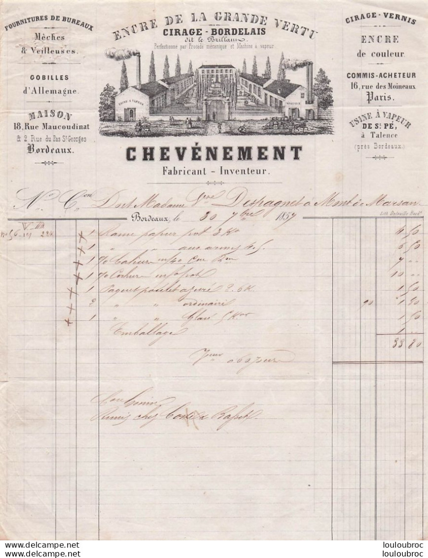 FACTURE 1859 BORDEAUX CHEVENEMENT CIRAGE FOURNITURES DE BUREAUX - 1800 – 1899