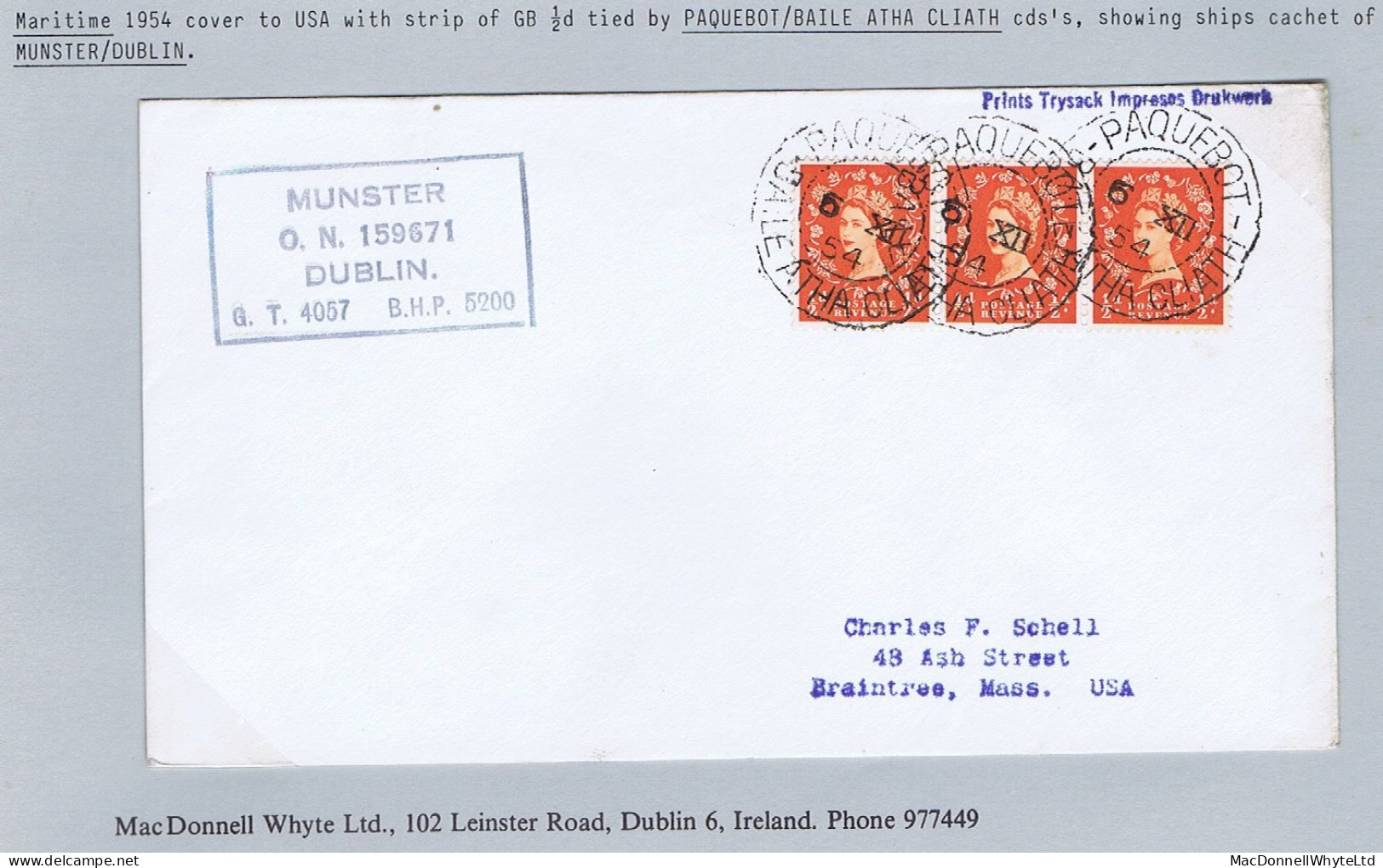 Ireland Maritime Dublin 1954 Cover To USA With GB Wilding Definitives Tied PAQUEBOT BAILE ATHA CLIATH 6 XII 54 Cds - Autres & Non Classés