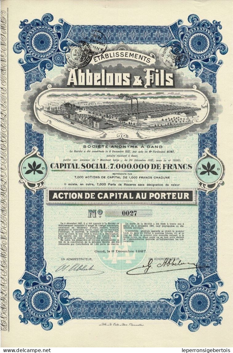 -Titre De 1927 - Etablissements Abbeloos & Fils  à Gand - Titre Déco - - Tessili