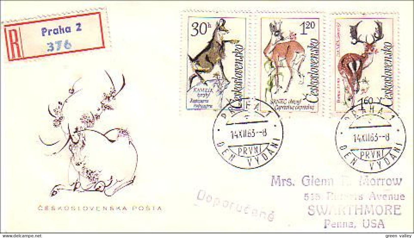 Tcheco Deers Chevreuil Chamois Daim Enregistrée Registered FDC Cover To USA ( A90 398) - Gibier