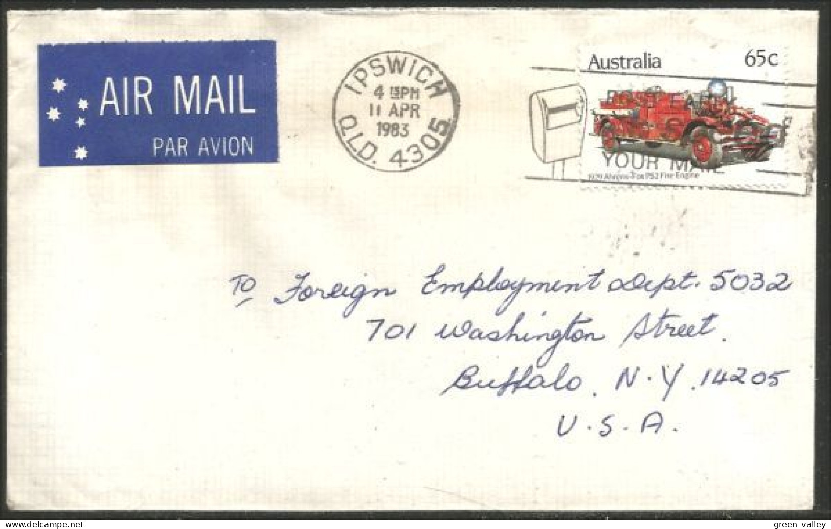 Australia Ahrens-Fox Fire Engine 1983 Cover From Ipswitch QLD To Buffalo N.Y. USA ( A91 986) - Trucks
