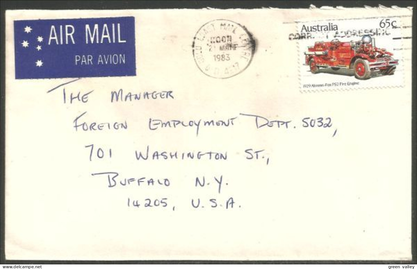 Australia Ahrens-Fox Fire Engine 1983 Cover From Gold Coast QLD To Buffalo N.Y. USA ( A91 982) - Bolli E Annullamenti