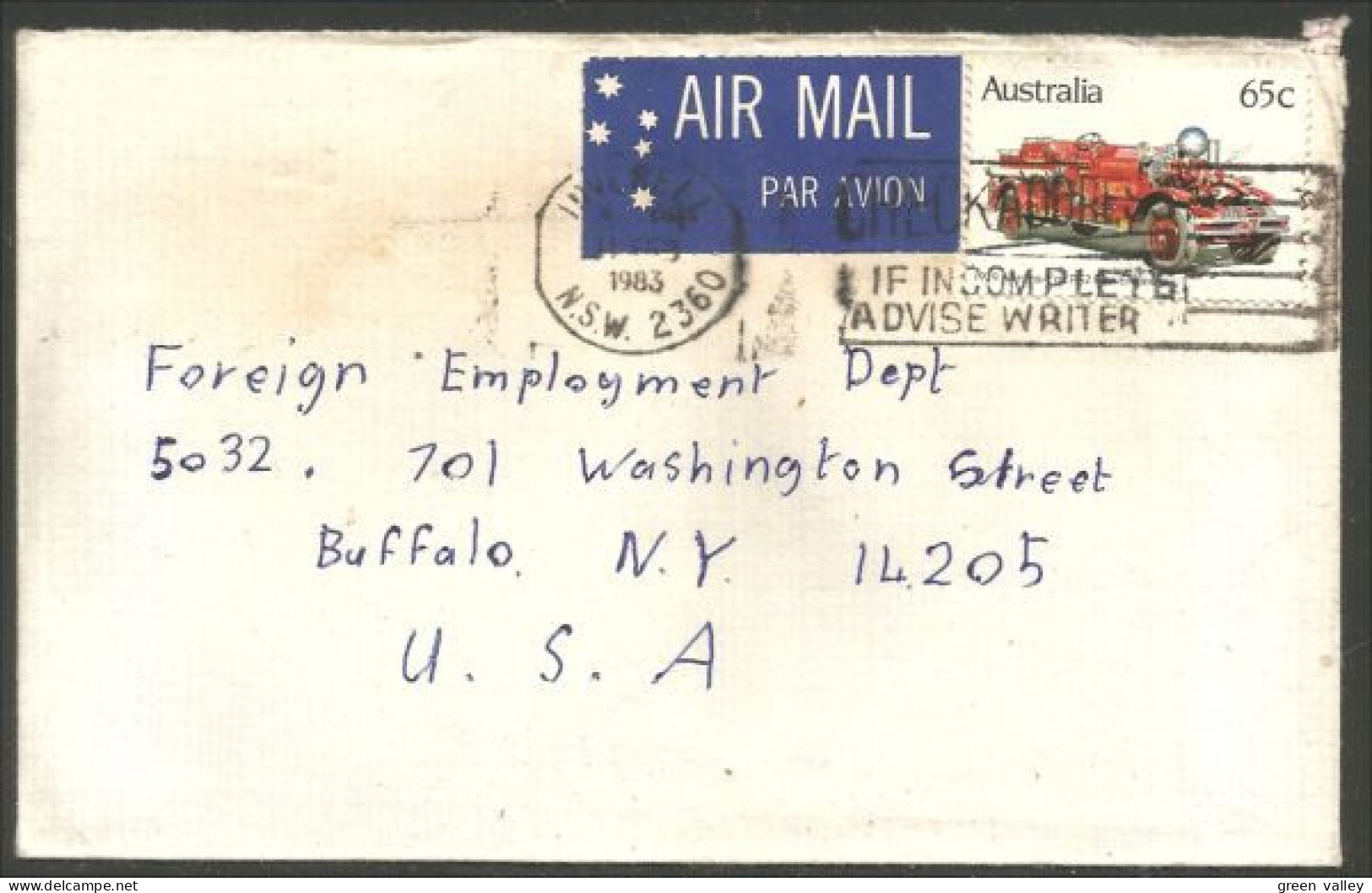 Australia Ahrens-Fox Fire Engine 1983 Cover From Inverell NSW To Buffalo N.Y. USA ( A91 984) - Postmark Collection