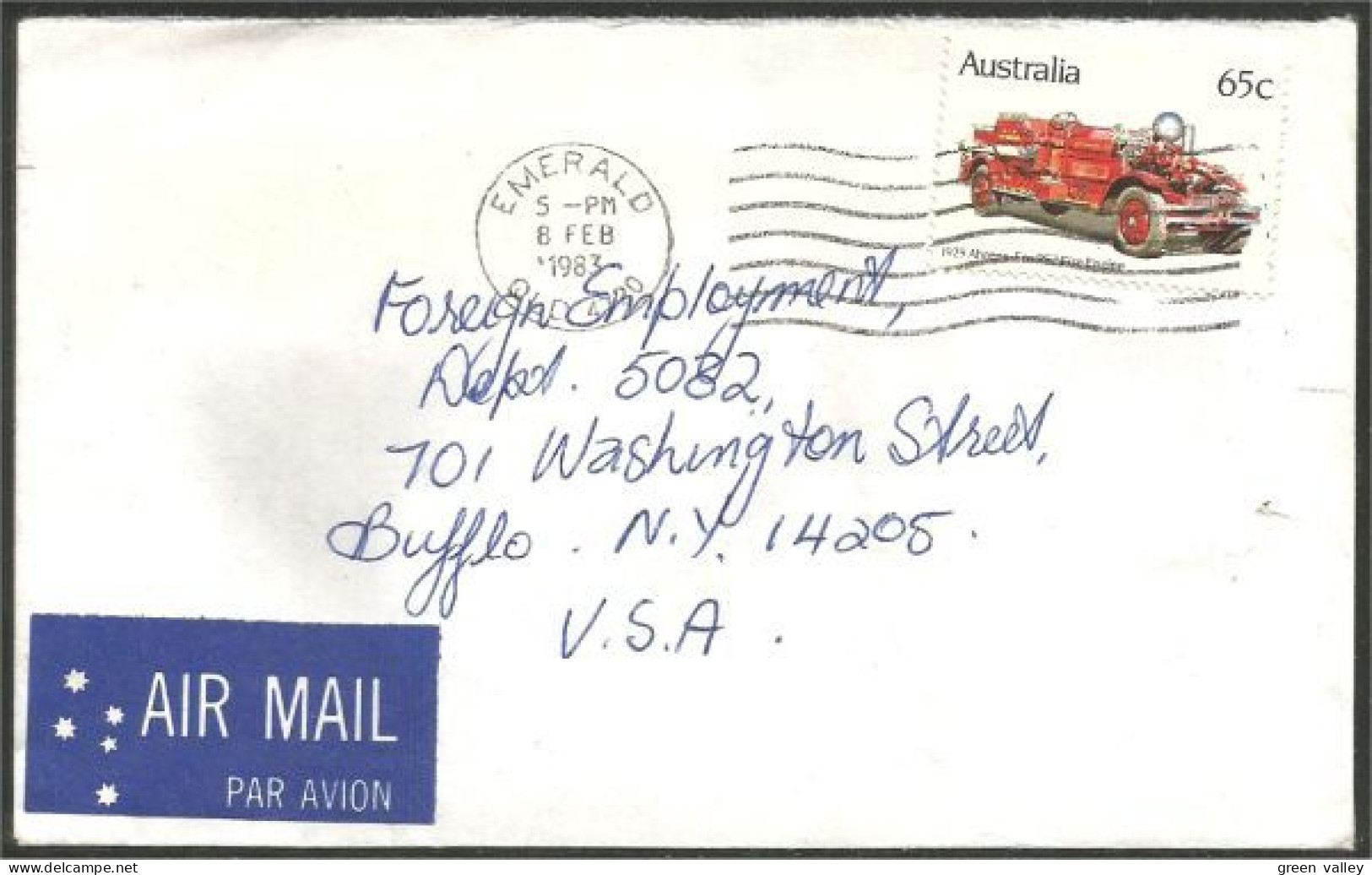 Australia Ahrens-Fox Fire Engine 1983 Cover From Emerald QLD To Buffalo N.Y. USA ( A91 977) - Camions
