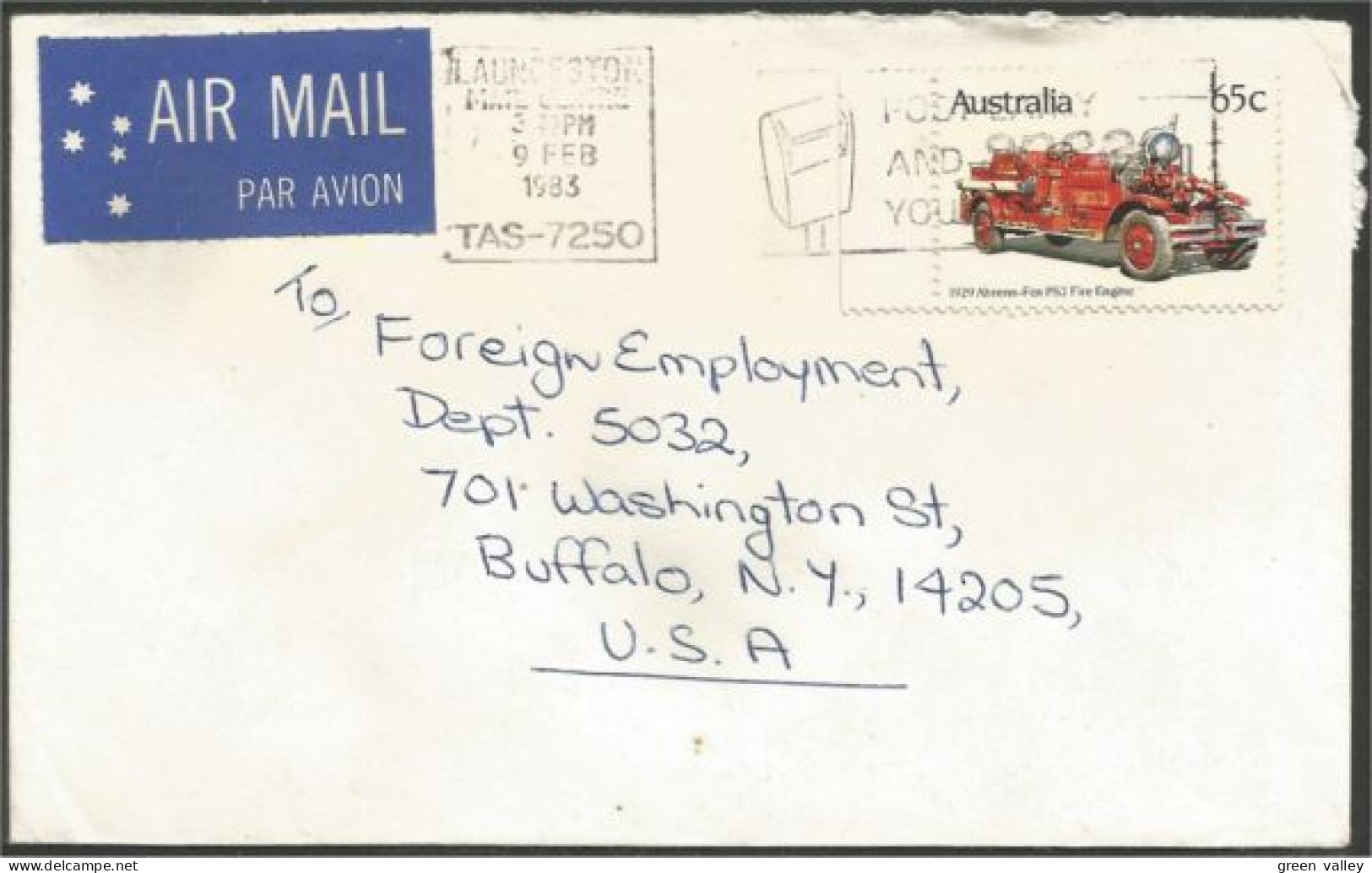 Australia Ahrens-Fox Fire Engine 1983 Cover From Launceston TAS To Buffalo N.Y. USA ( A91 994) - Trucks