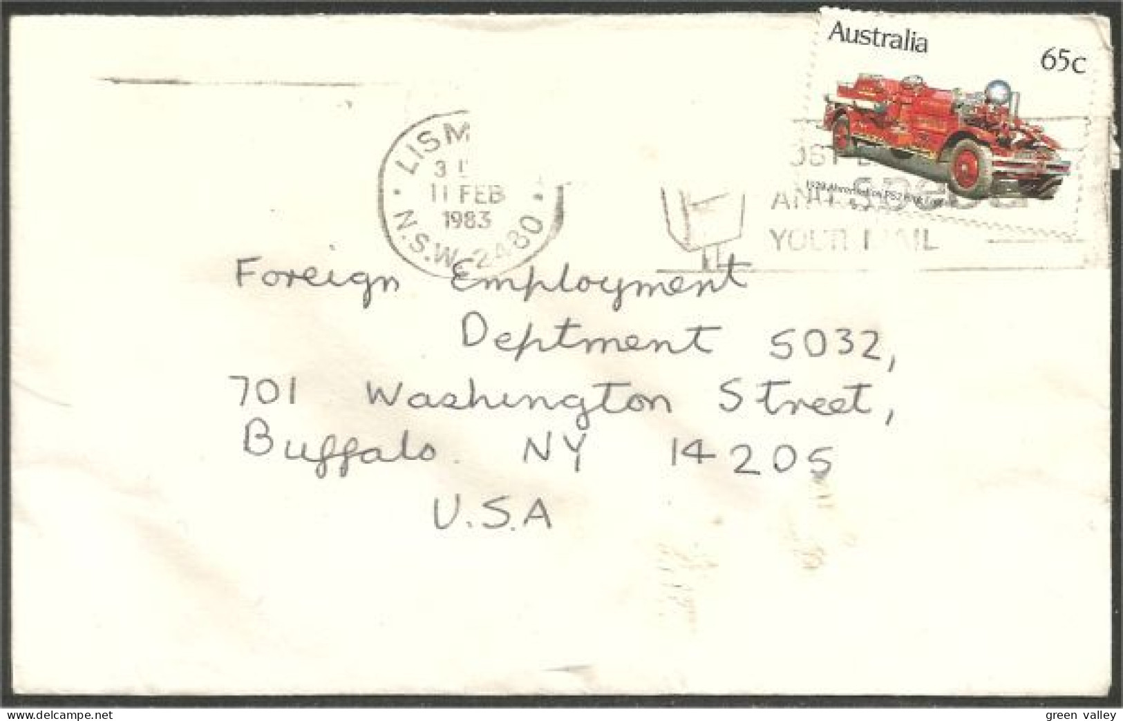 Australia Ahrens-Fox Fire Engine 1983 Cover From Lismore NSW To Buffalo N.Y. USA ( A91 995) - Marcophilie